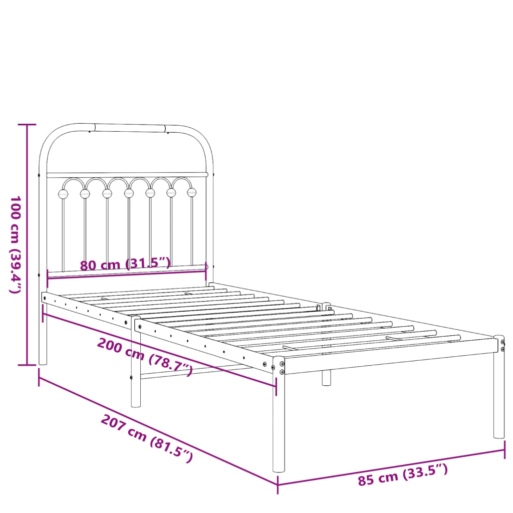 Metal Bed Frame without Mattress with Headboard Black 80x200cm