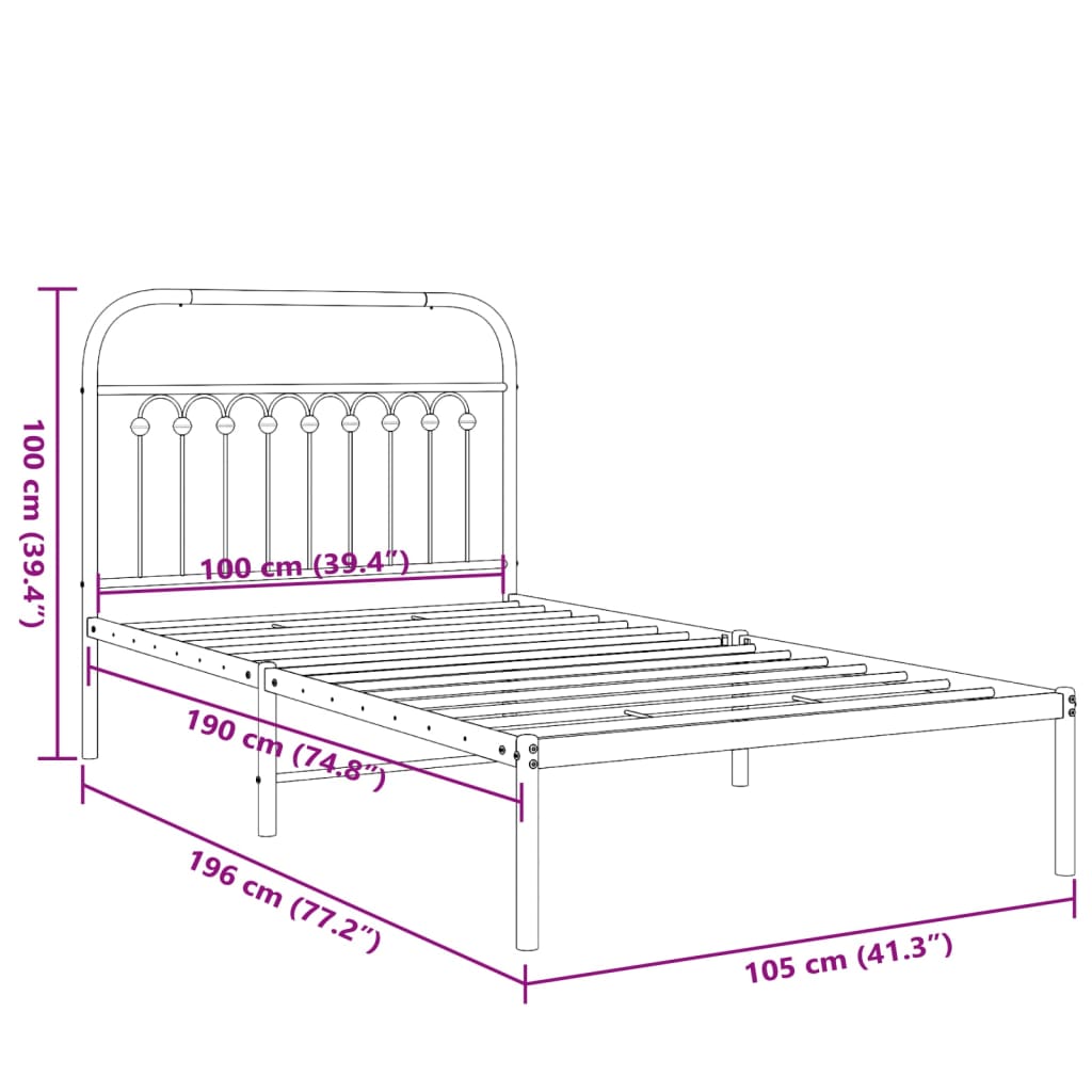 Metal Bed Frame without Mattress with Headboard Black 100x190cm