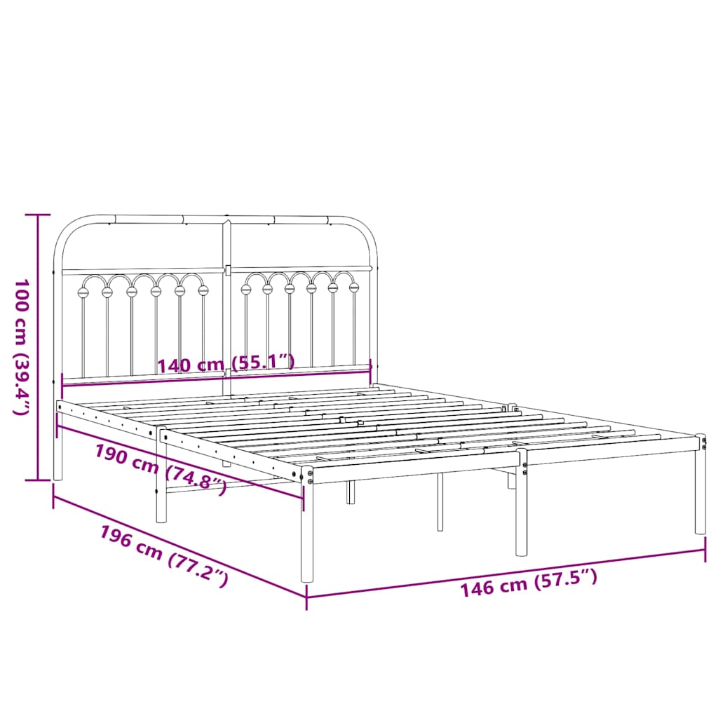 Metal Bed Frame without Mattress with Headboard Black 140x190cm