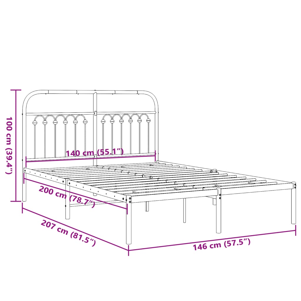 Metal Bed Frame without Mattress with Headboard Black 140x200cm