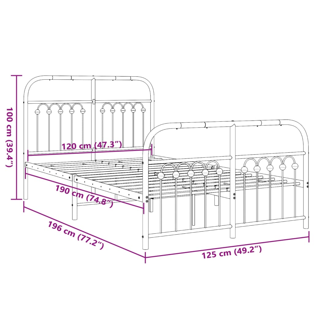 Metal Bed Frame without Mattress with Footboard Black 120x190cm