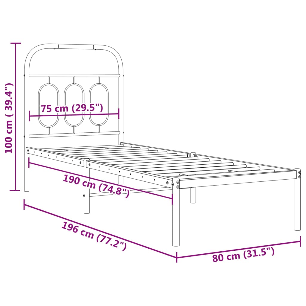 Metal Bed Frame without Mattress with Headboard Black 75x190cm