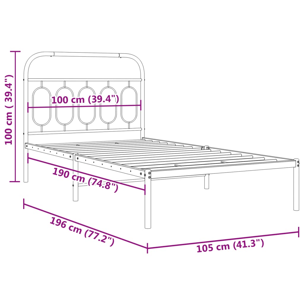 Metal Bed Frame without Mattress with Headboard Black 100x190cm