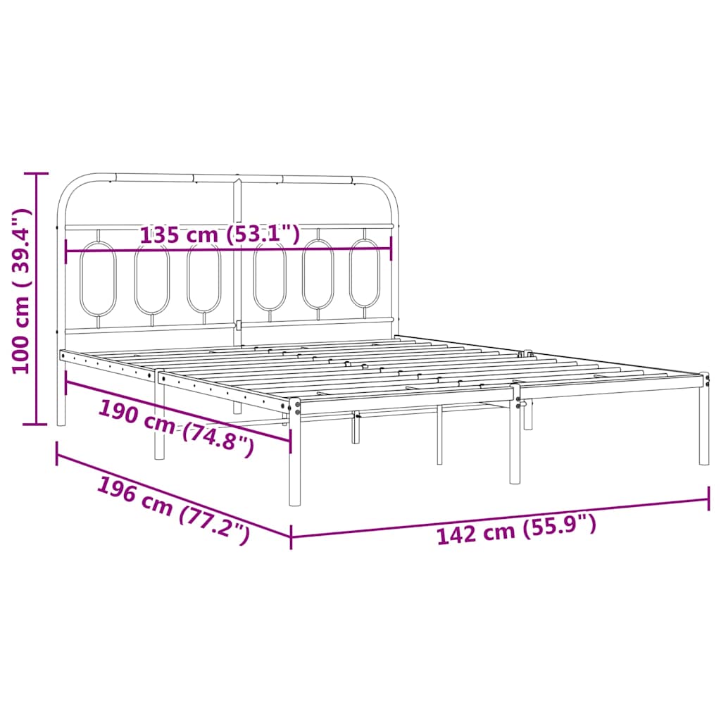 Metal Bed Frame without Mattress with Headboard Black 135x190cm
