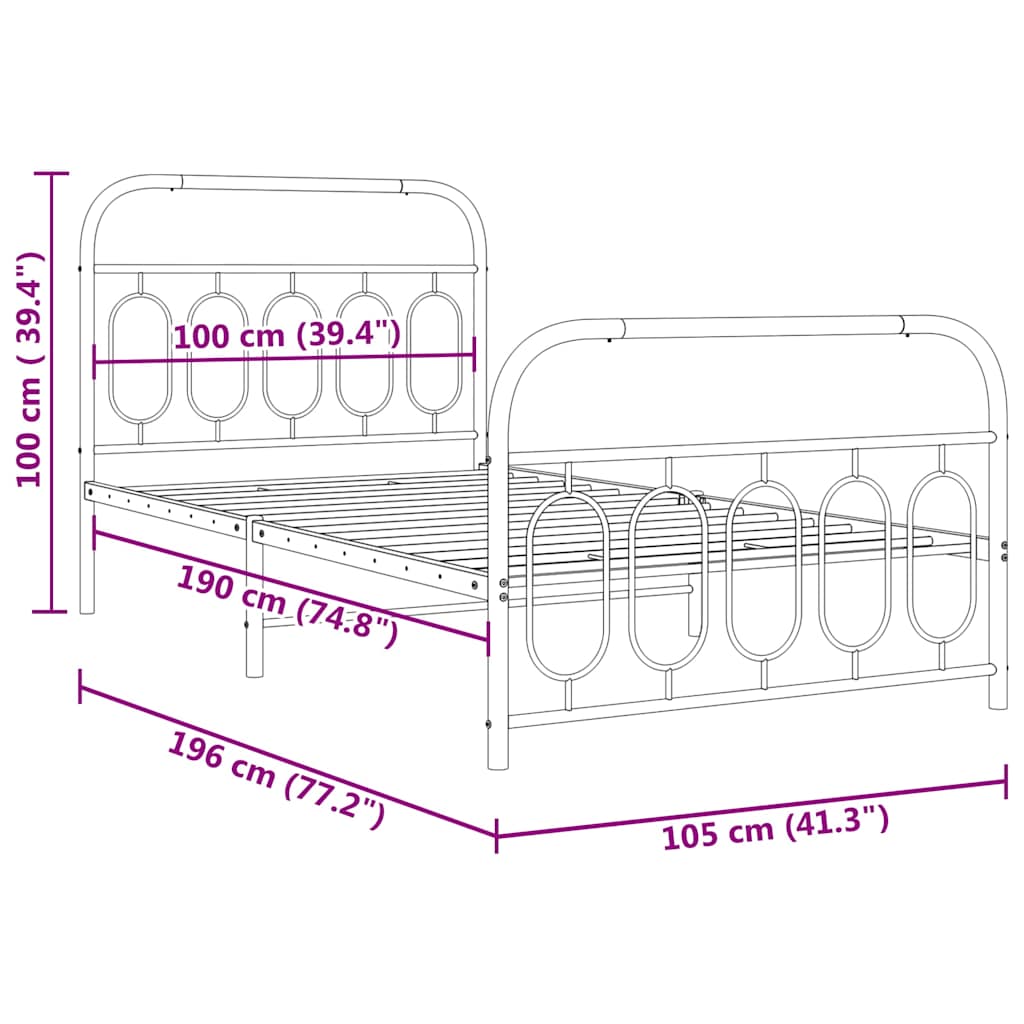 Metal Bed Frame without Mattress with Footboard Black 100x190cm