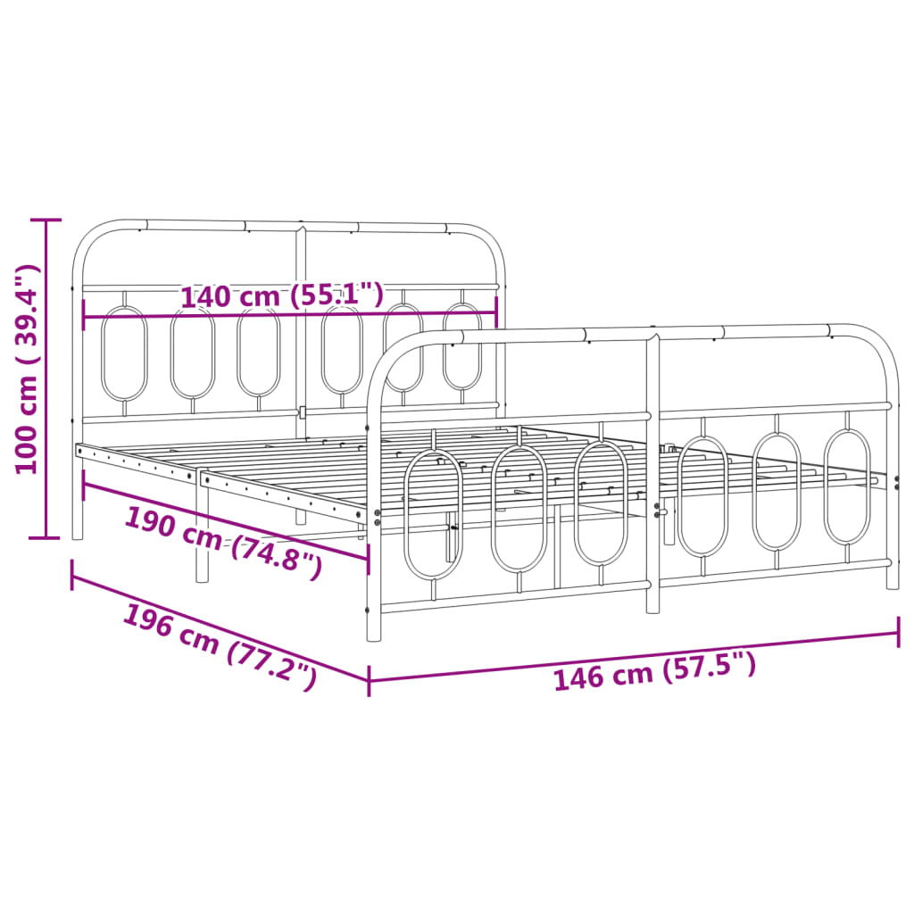 Metal Bed Frame without Mattress with Footboard Black 140x190cm