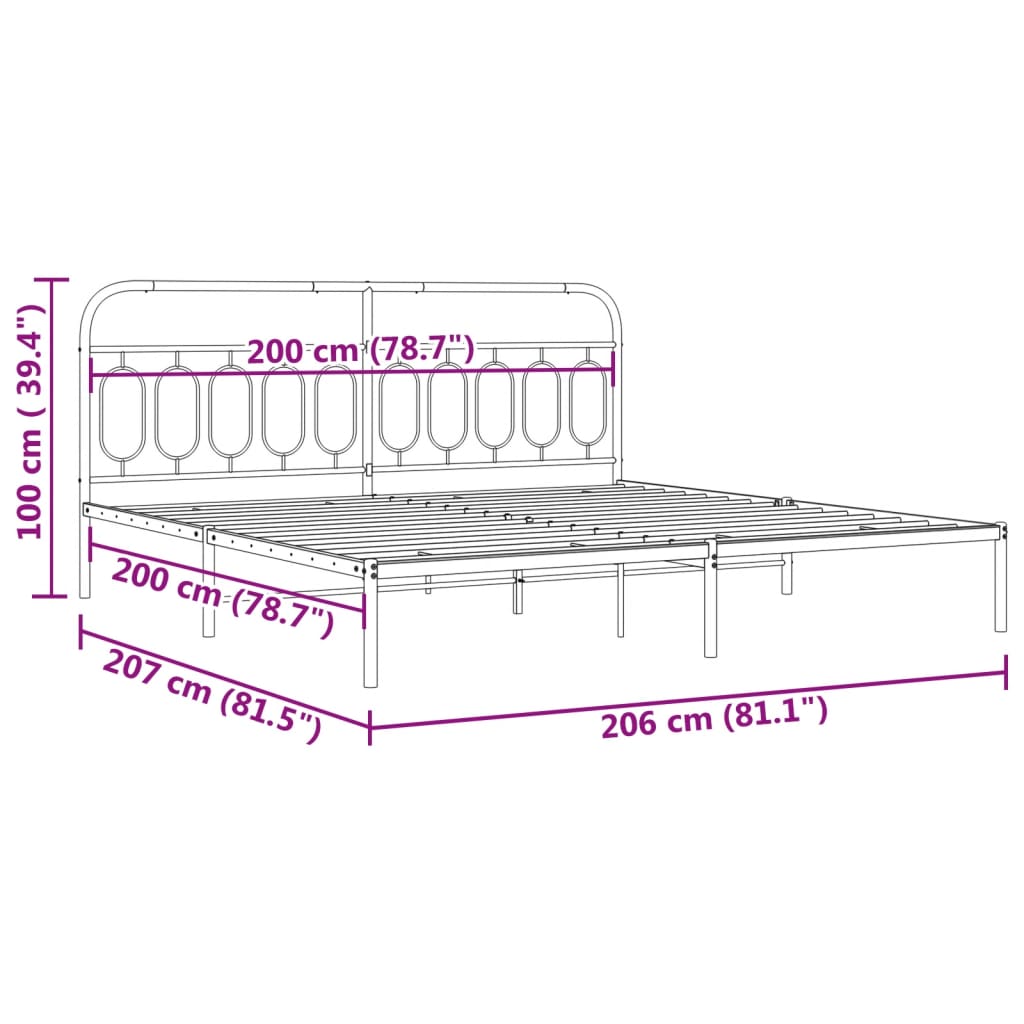 Metal Bed Frame without Mattress with Headboard White 200x200cm
