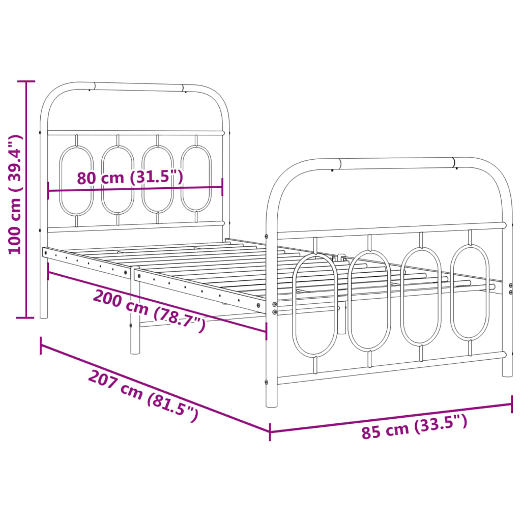 Metal Bed Frame without Mattress with Footboard White 80x200cm