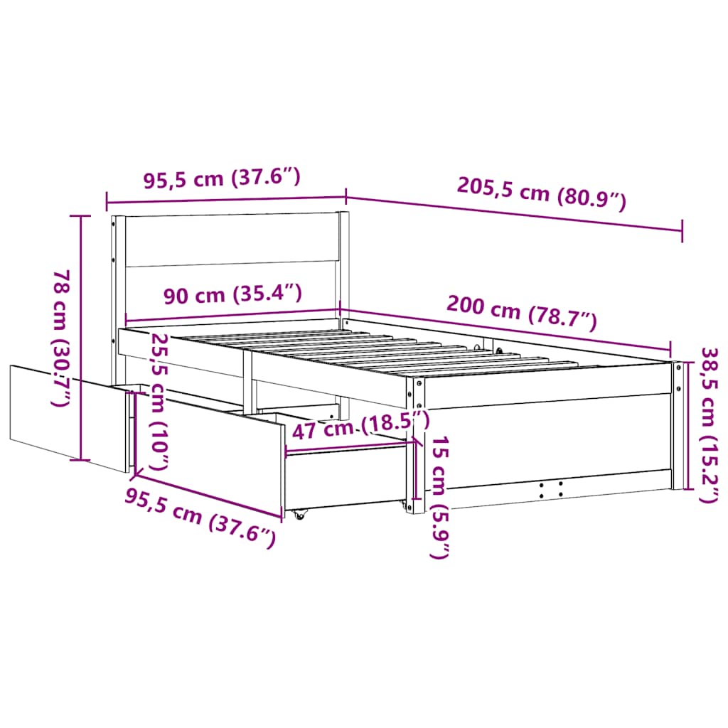 Bed Frame without Mattress White 90x200 cm Solid Wood Pine