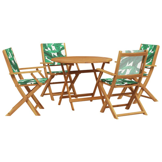 5 Piece Garden Dining Set Leaf Pattern Fabric and Solid Wood
