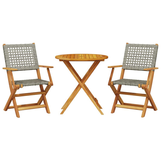 Bistro Set | Grey | Solid acacia wood, PE rattan | 2-seater | Foldable