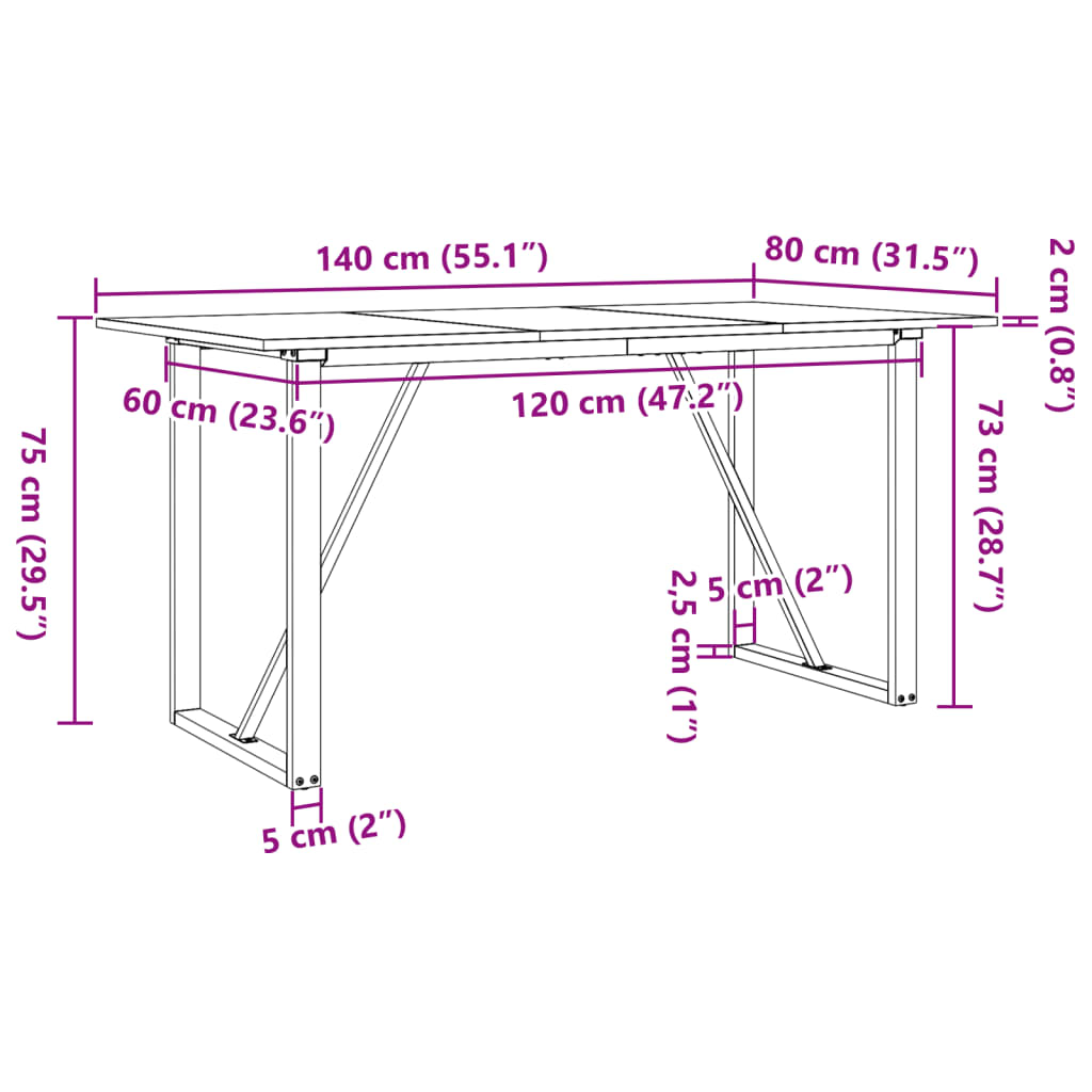 Dining Table O-Frame 140x80x75 cm Solid Wood Pine and Steel
