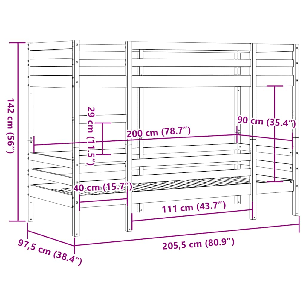 Bunk Bed without Mattress 90x200 cm Solid Wood Pine