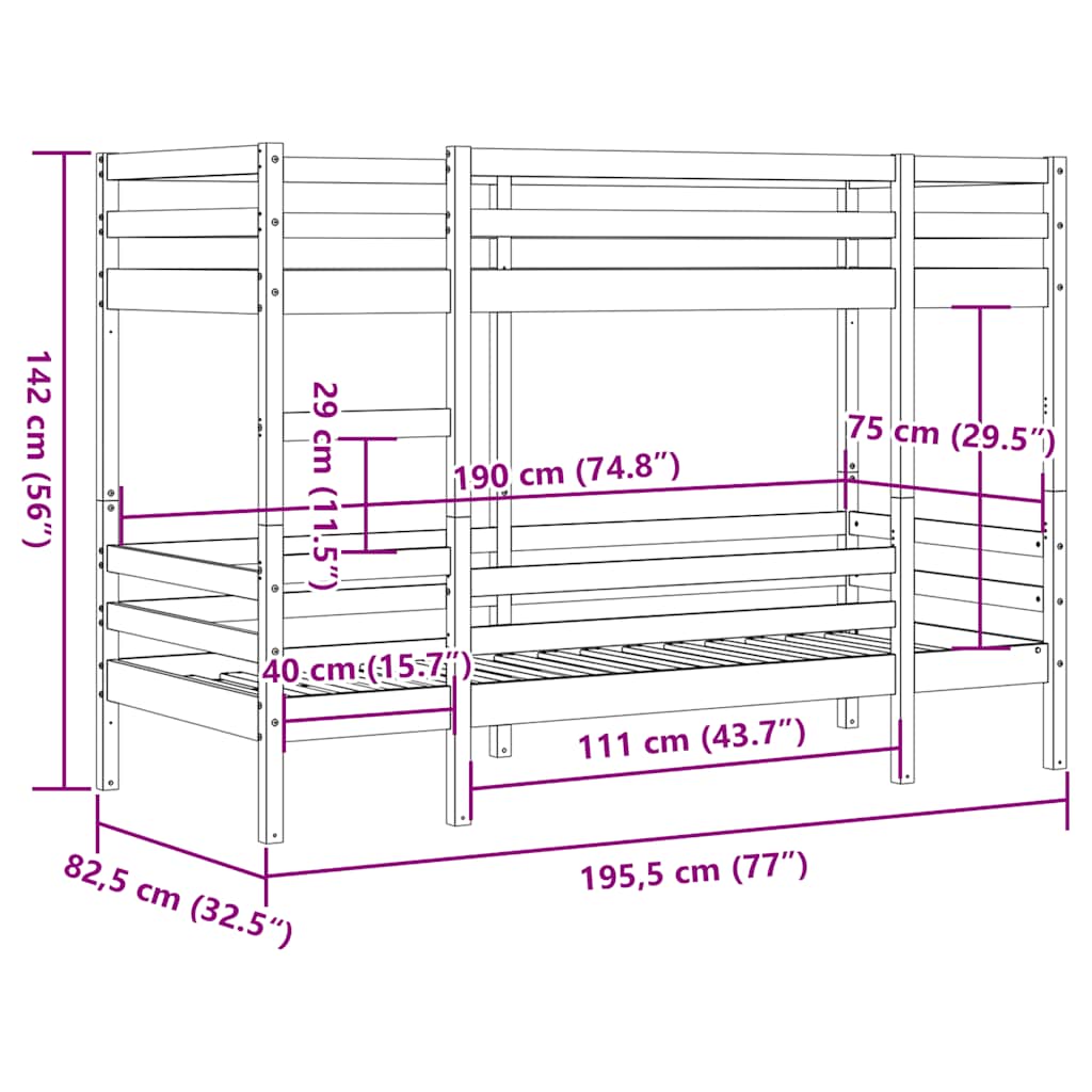 Bunk Bed without Mattress White 75x190 cm Small Single Solid Wood Pine