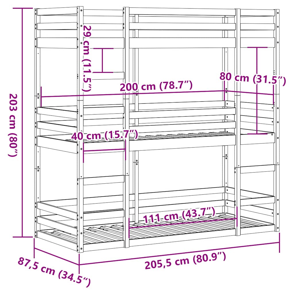 Triple Bunk Bed without Mattress Wax Brown 80x200 cm Solid Wood Pine