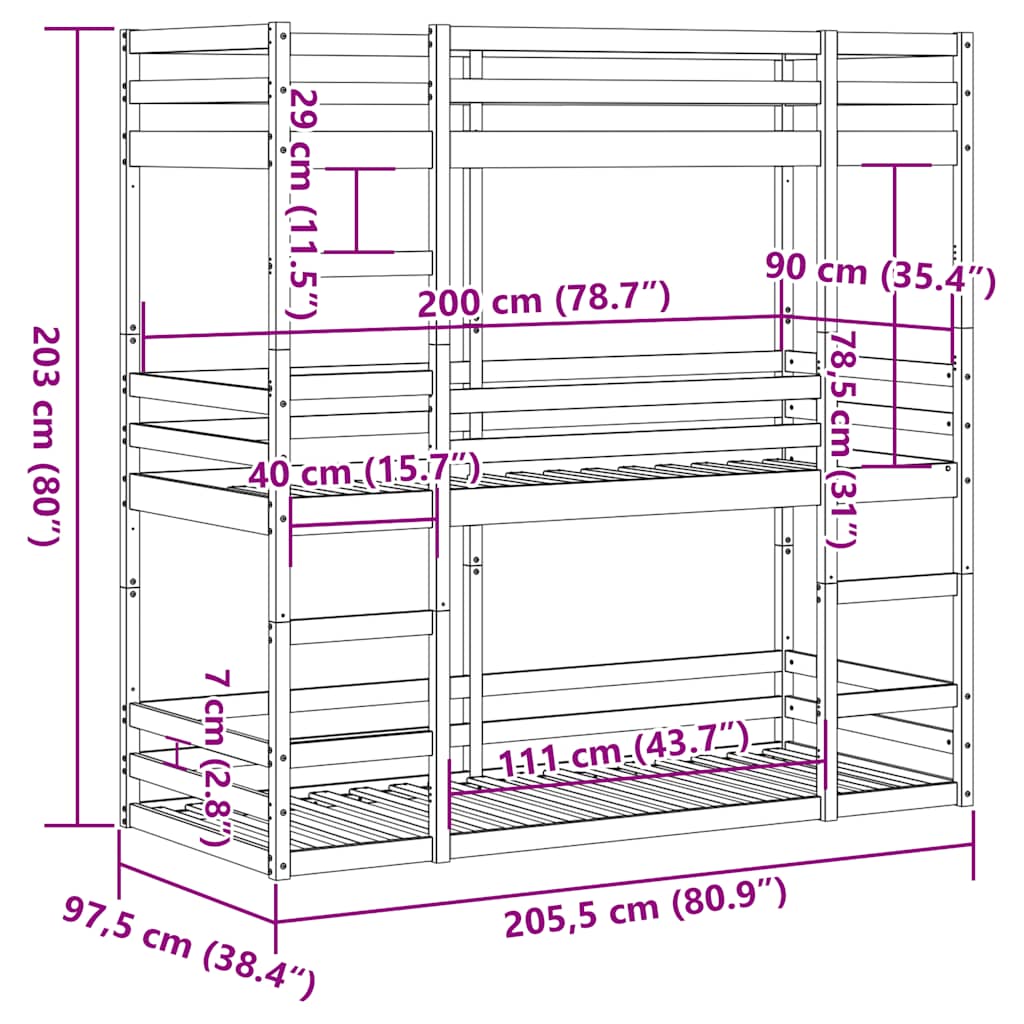 Triple Bunk Bed without Mattress Wax Brown 90x200 cm Solid Wood Pine