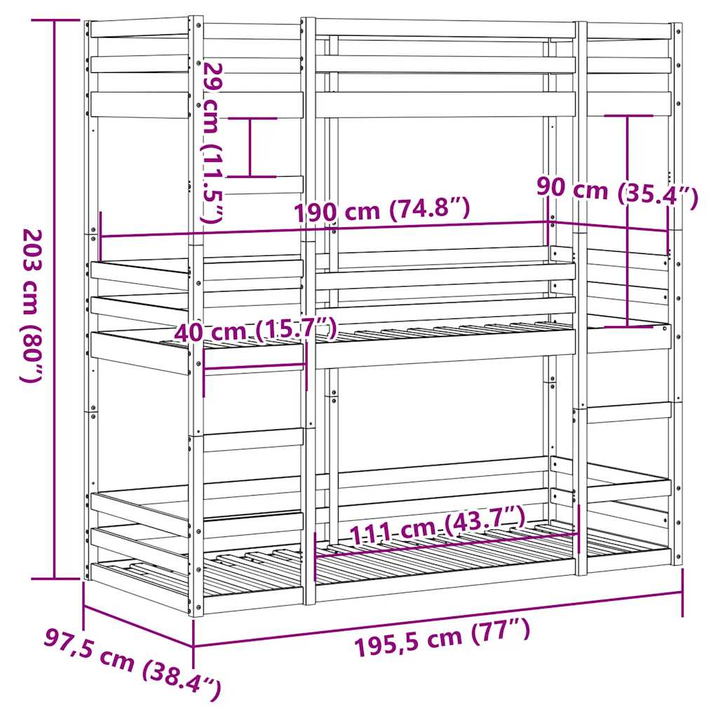 Triple Bunk Bed without Mattress White 90x190 cm Single Solid Wood Pine