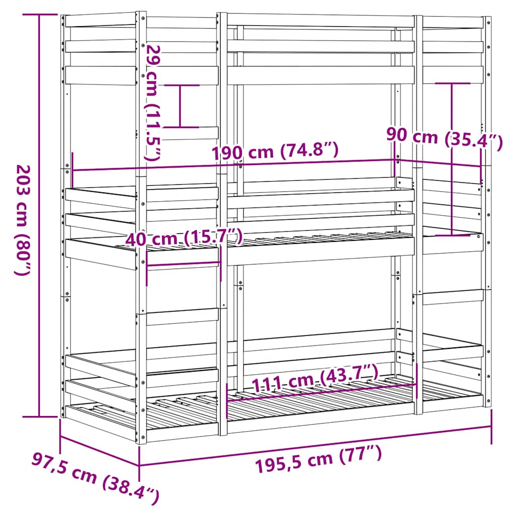 Triple Bunk Bed without Mattress Wax Brown 90x190 cm Single Solid Wood Pine