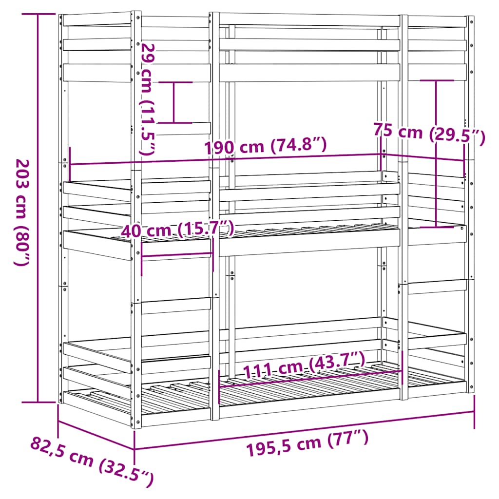 Triple Bunk Bed without Mattress White 75x190 cm Small Single Solid Wood Pine