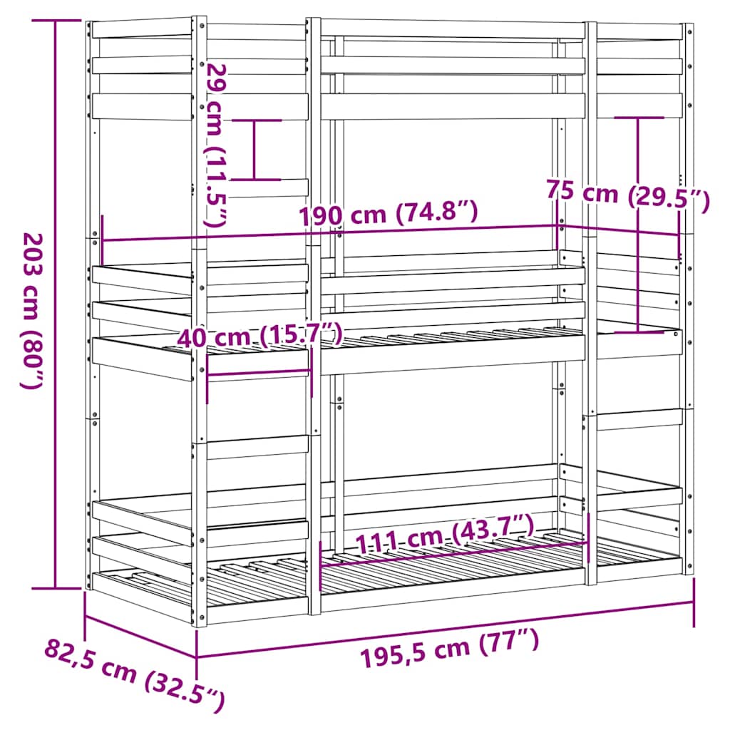 Triple Bunk Bed without Mattress Wax Brown 75x190 cm Small Single Solid Wood Pine