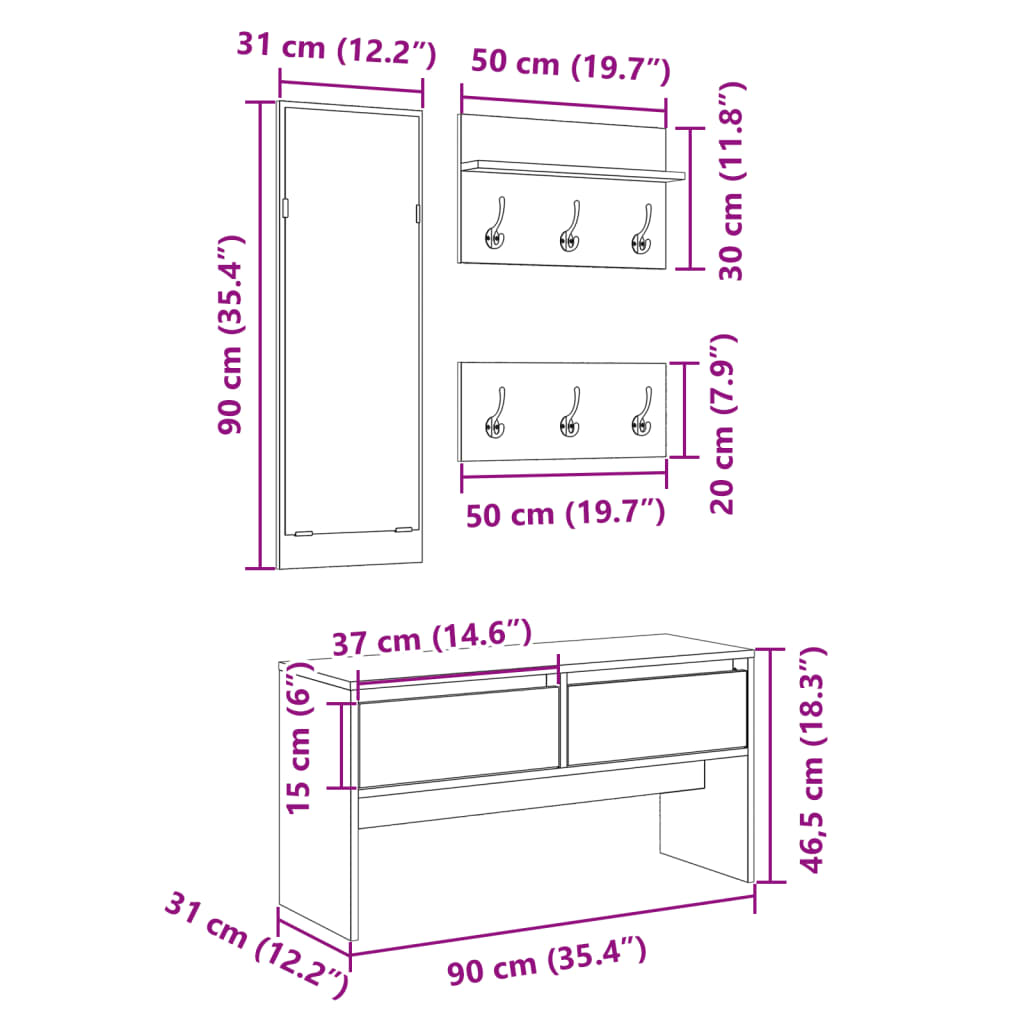 4 Piece Hallway Furniture Set Concrete Grey Engineered Wood