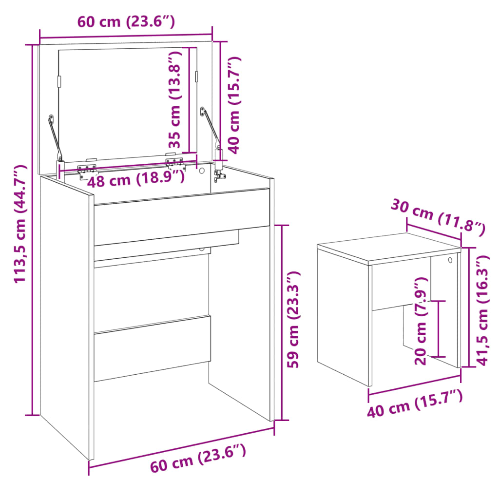 Dressing Table and Stool Sonoma Oak 60x40x113.5 cm