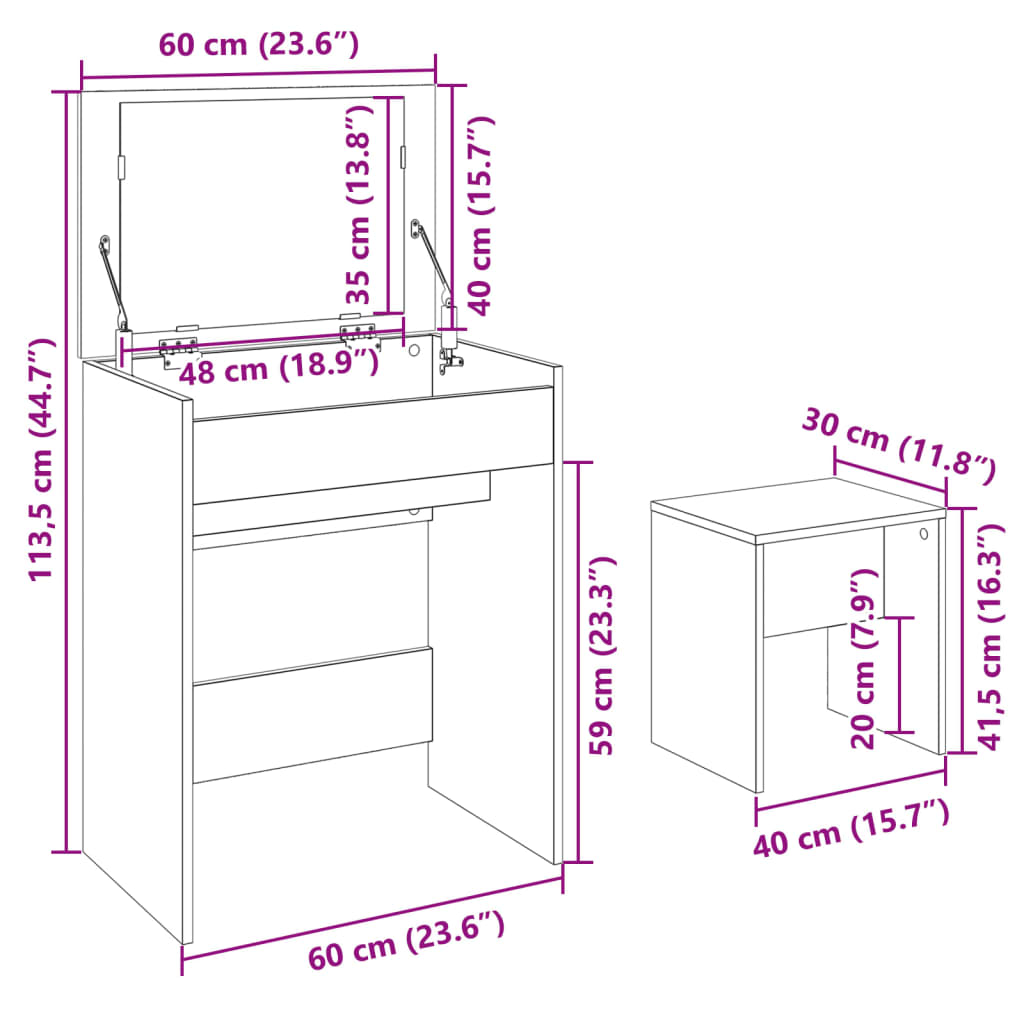 Dressing Table and Stool Concrete Grey 60x40x113.5 cm