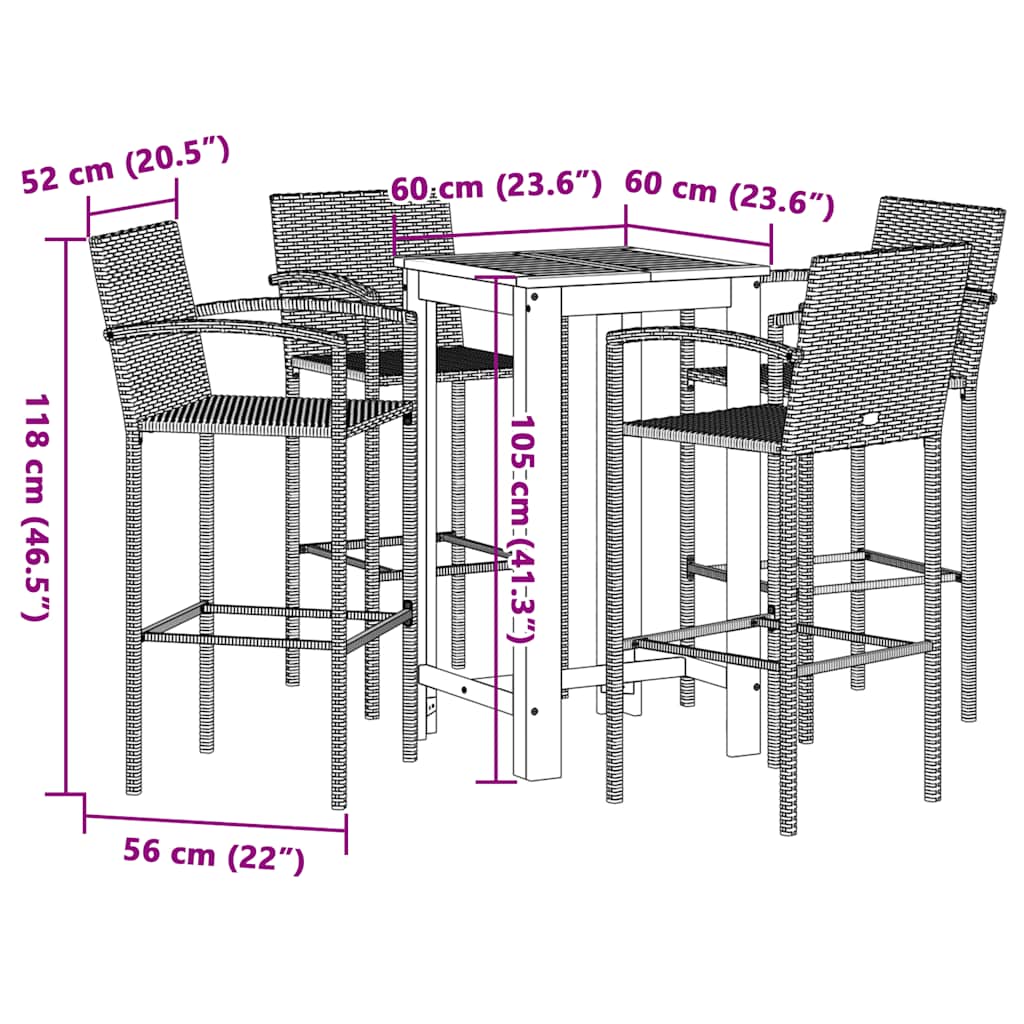 5 Piece Garden Bar Set Brown Solid Wood Acacia and Poly Rattan