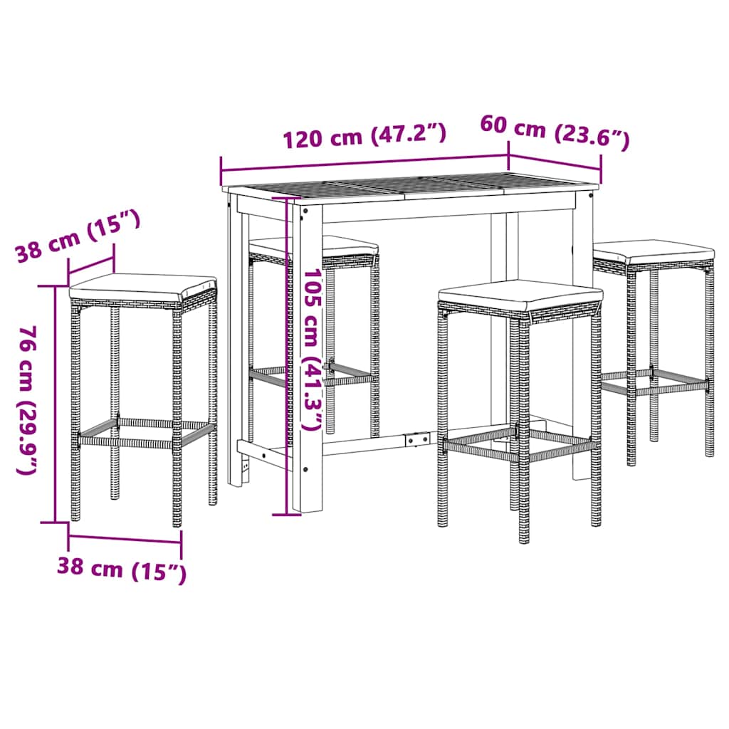 5 Piece Patio Bar Set Black Solid Wood Acacia and Poly Rattan