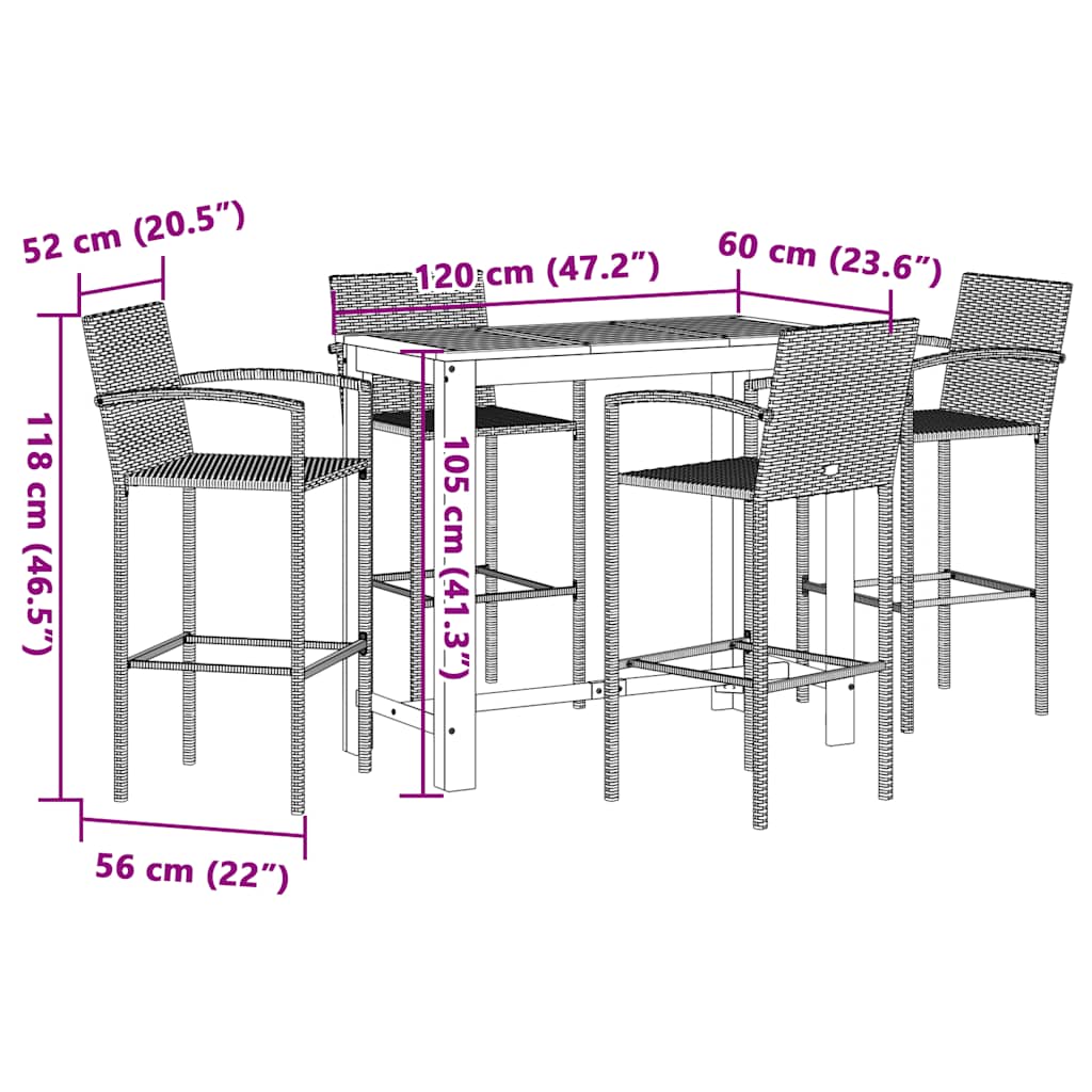 5 Piece Garden Bar Set Brown Solid Wood Acacia and Poly Rattan