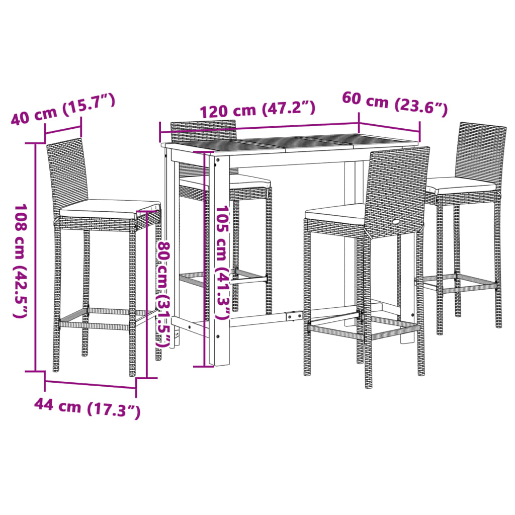5 Piece Garden Bar Set Grey Solid Wood Acacia and Poly Rattan
