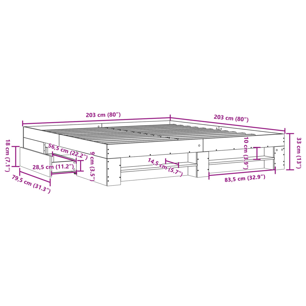 Bed Frame without Mattress Concrete Grey 200x200cm Engineered Wood