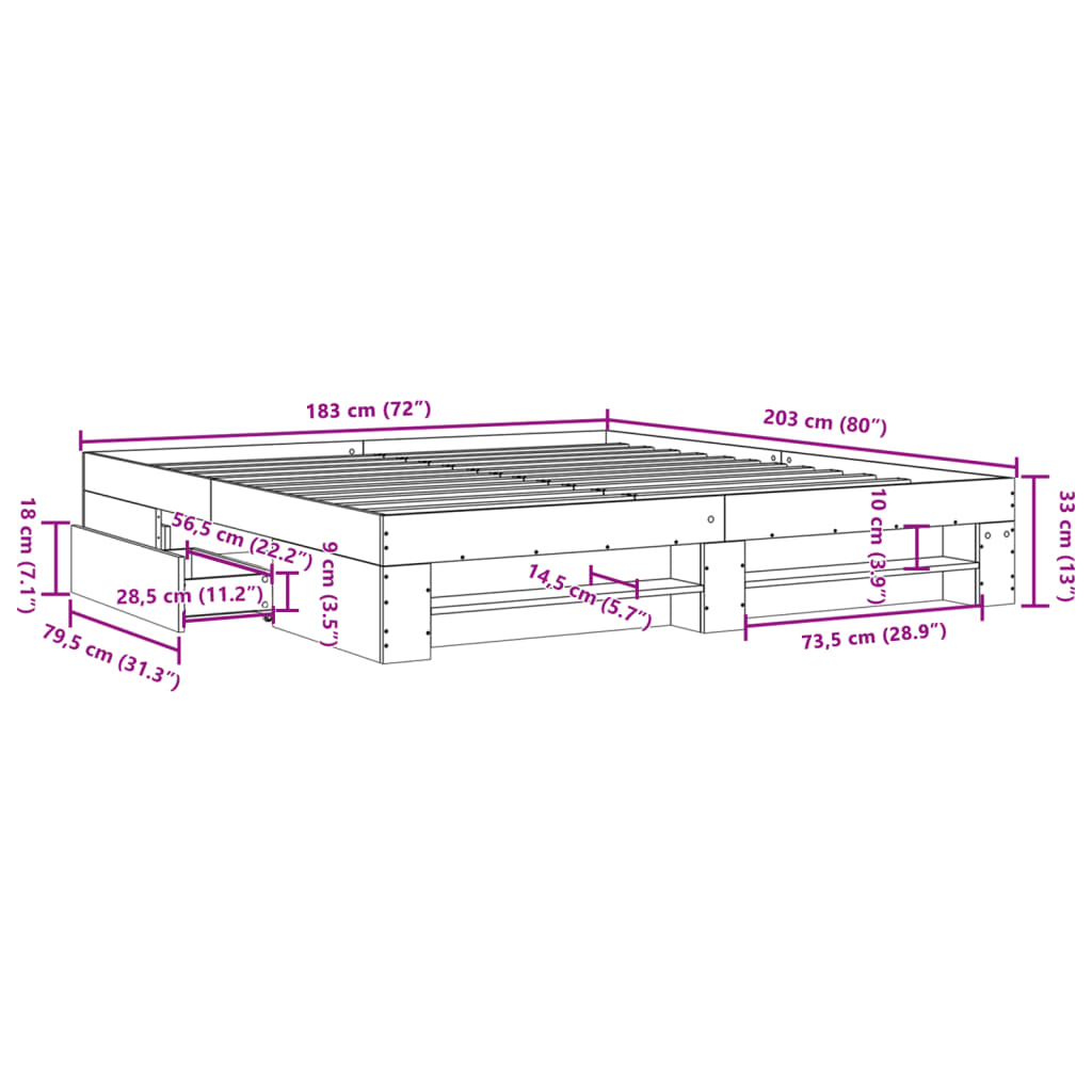 Bed Frame without Mattress Grey Sonoma 180x200 cm Super King Engineered Wood