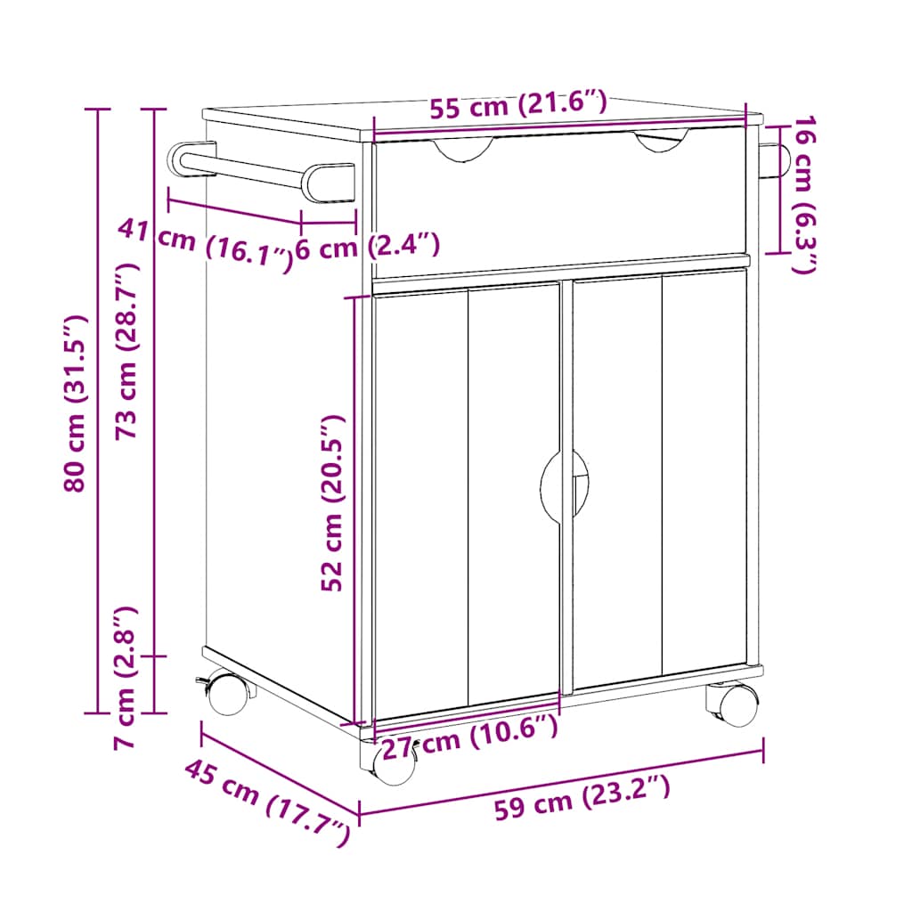Kitchen Trolley OTTA 59x45x80 cm Solid Wood Pine