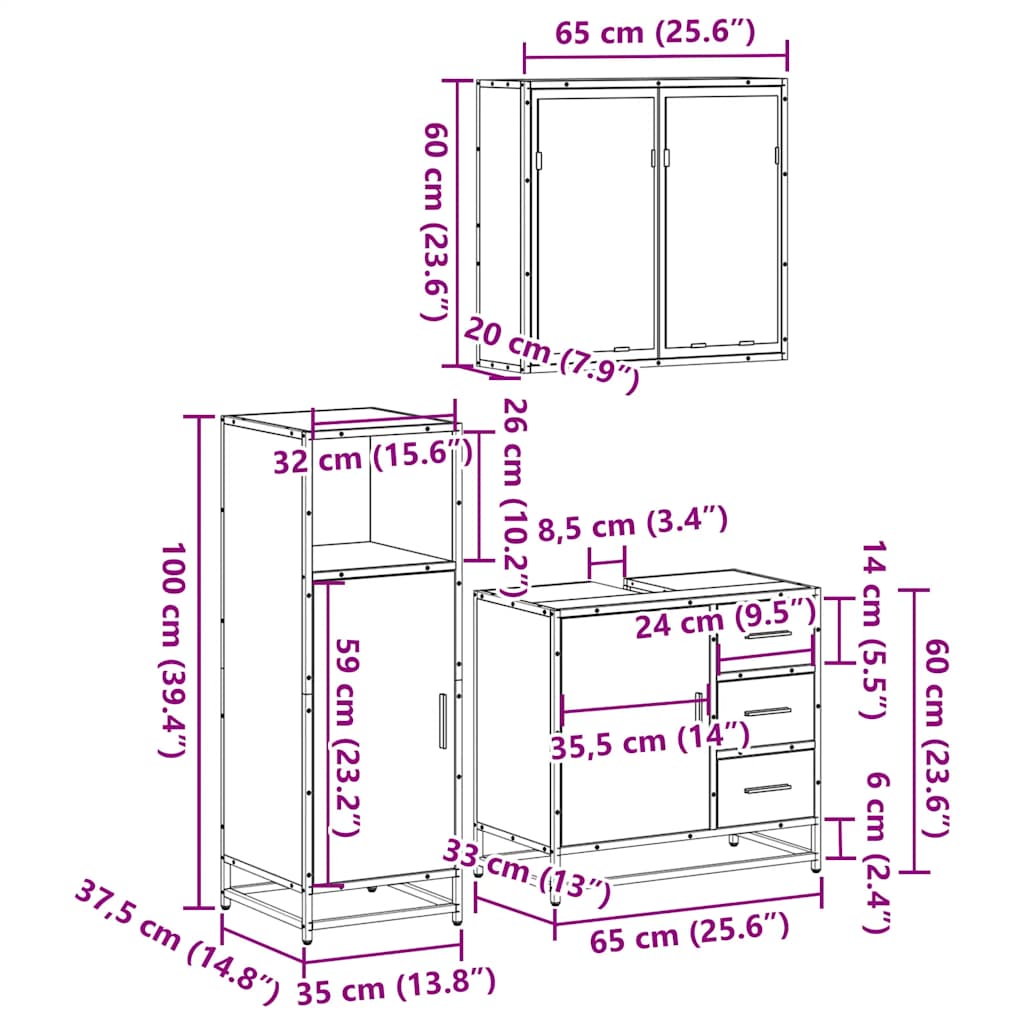 3 Piece Bathroom Furniture Set Brown Oak Engineered Wood