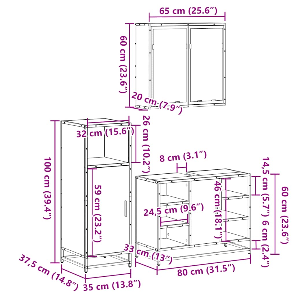3 Piece Bathroom Furniture Set Smoked Oak Engineered Wood