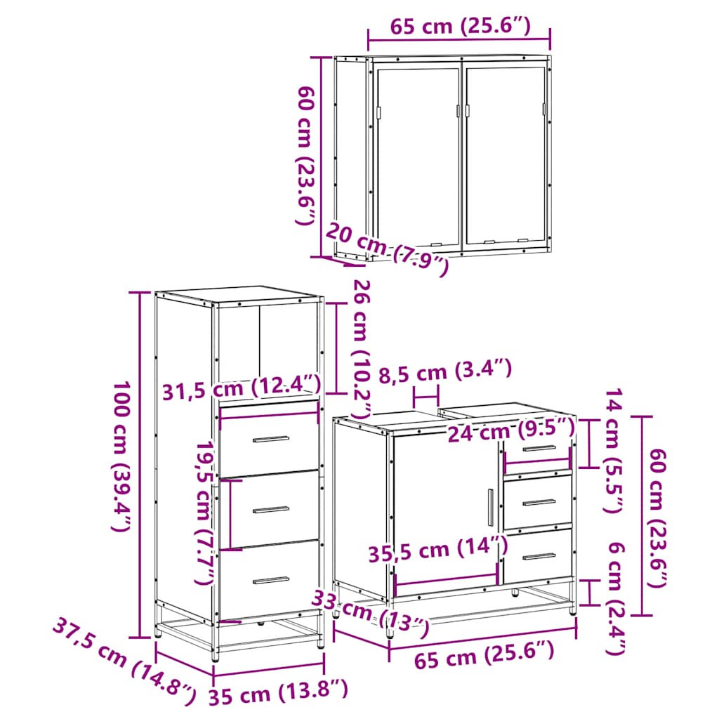 3 Piece Bathroom Furniture Set Smoked Oak Engineered Wood