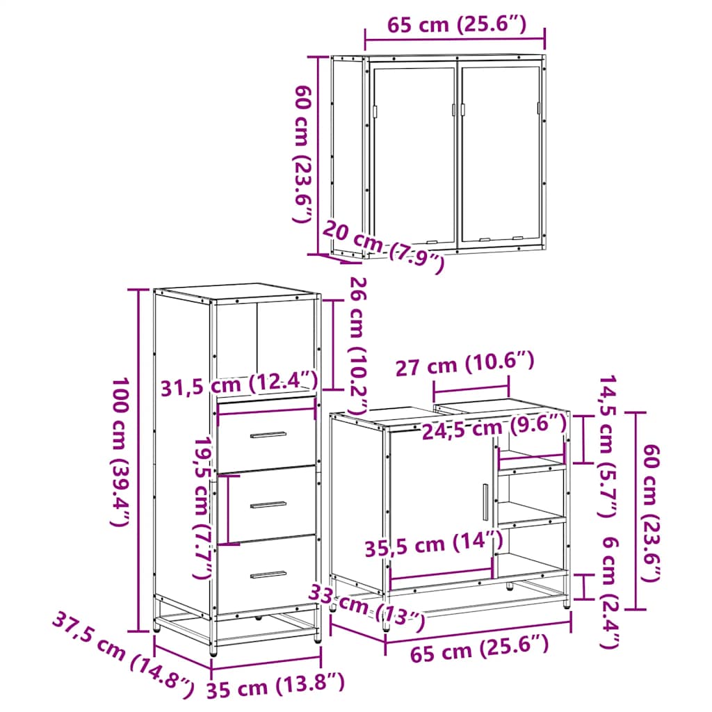 3 Piece Bathroom Furniture Set Smoked Oak Engineered Wood