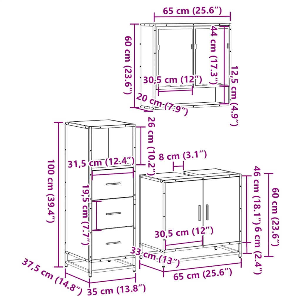 3 Piece Bathroom Furniture Set Smoked Oak Engineered Wood