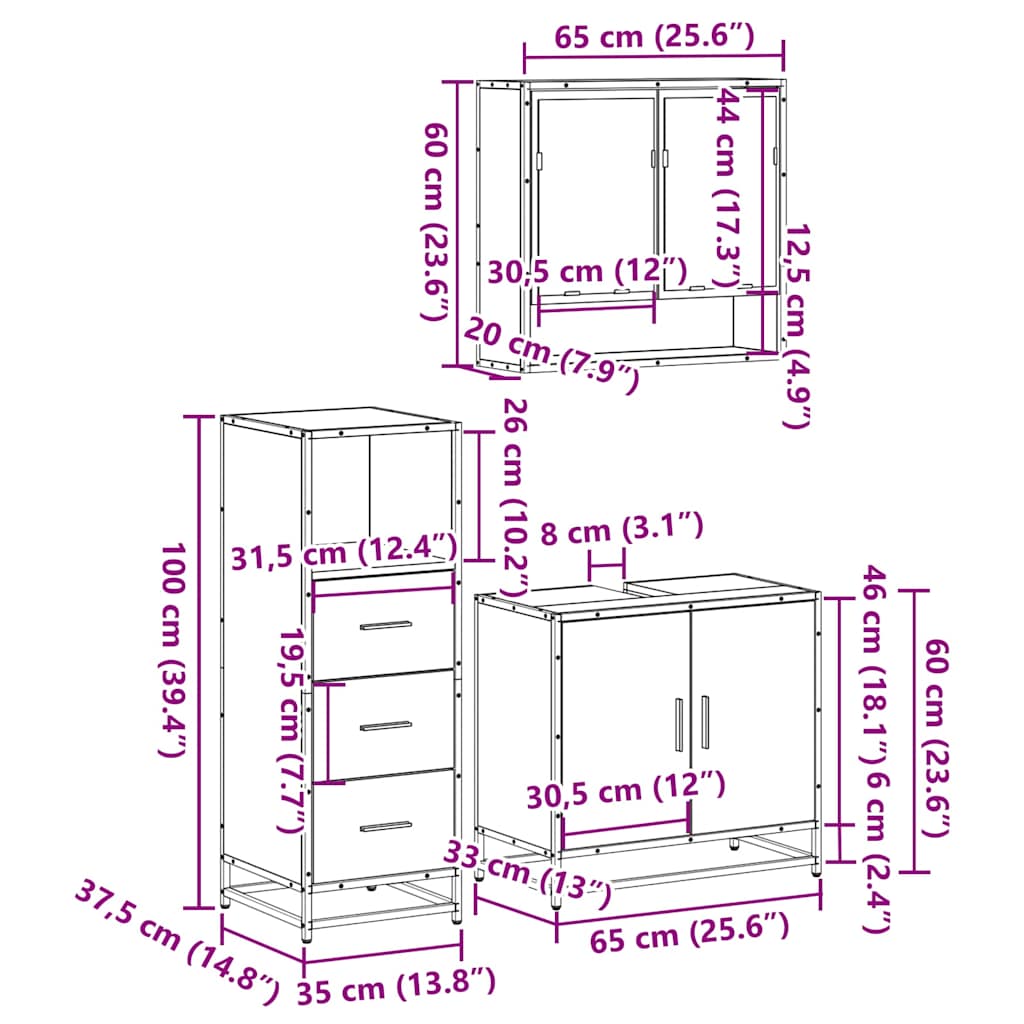 3 Piece Bathroom Furniture Set Grey Sonoma Engineered Wood