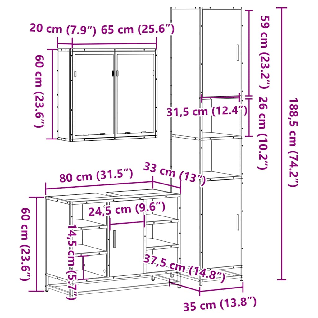 3 Piece Bathroom Furniture Set Smoked Oak Engineered Wood