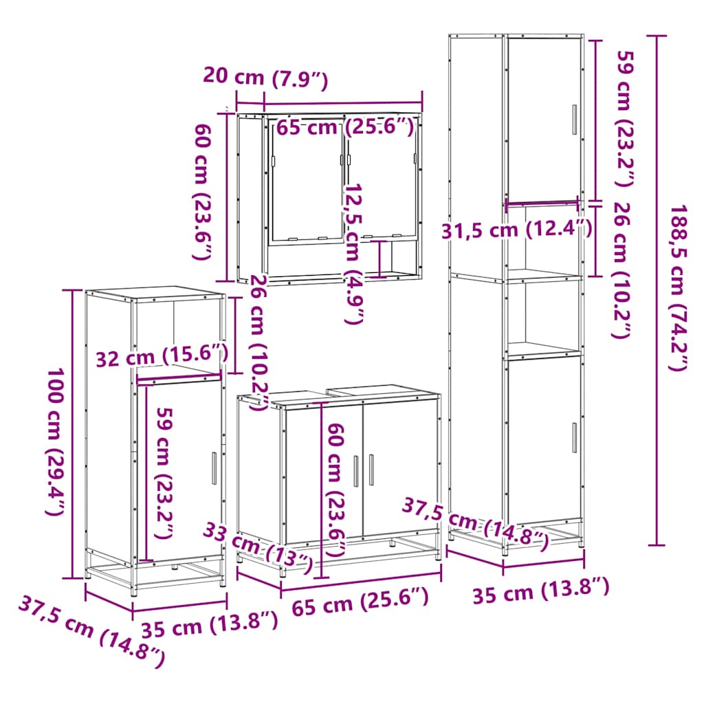 4 Piece Bathroom Furniture Set Smoked Oak Engineered Wood