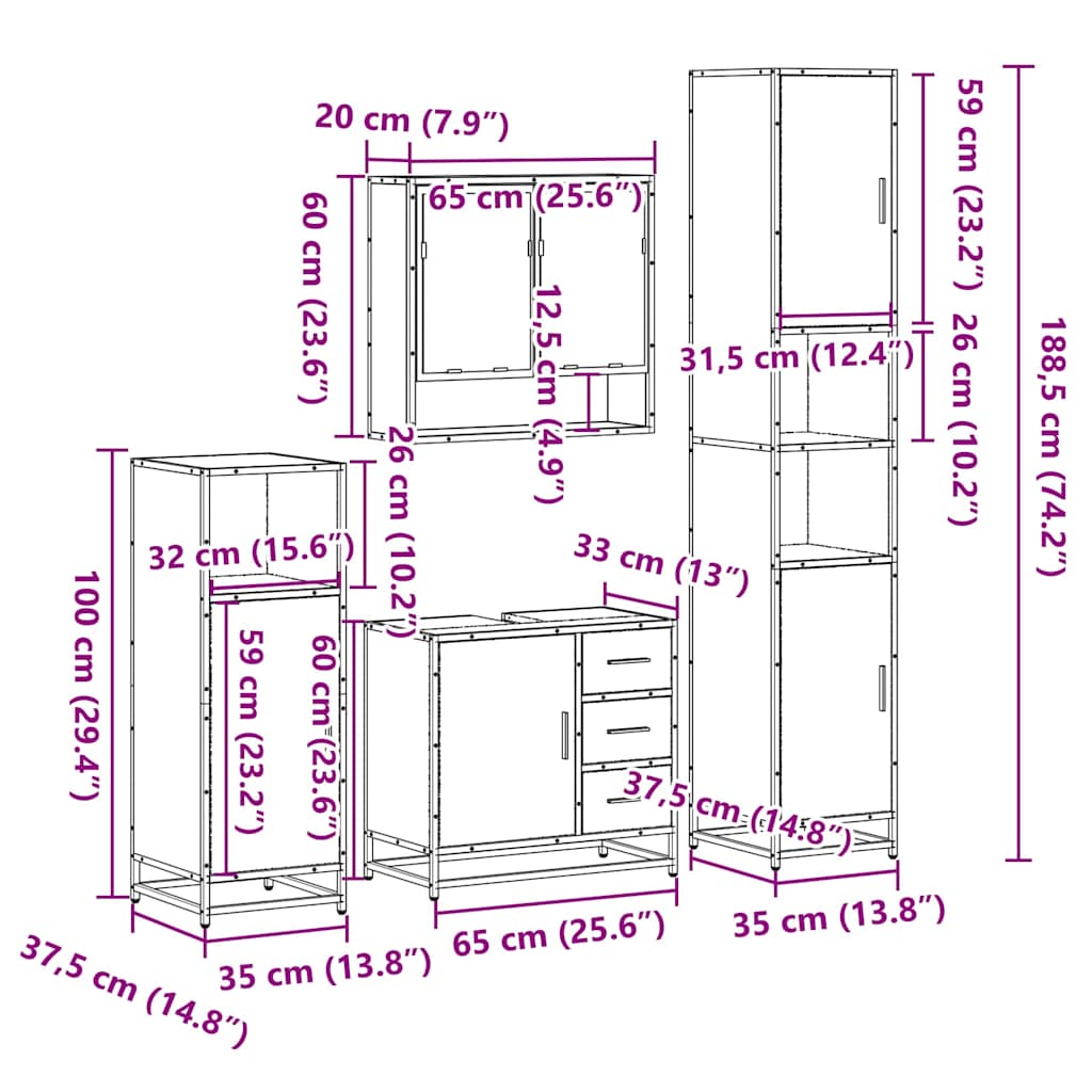 4 Piece Bathroom Furniture Set Smoked Oak Engineered Wood