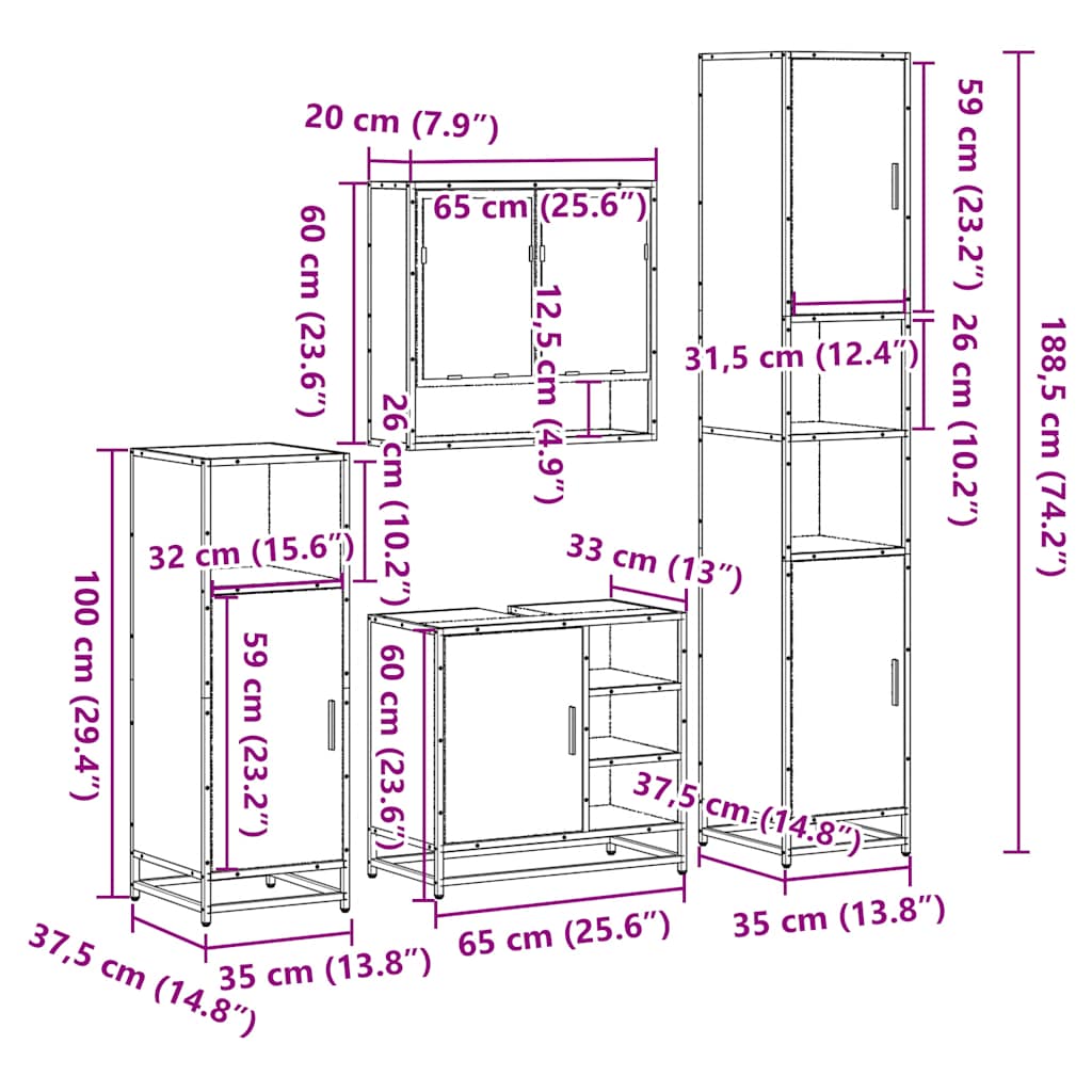 4 Piece Bathroom Furniture Set Smoked Oak Engineered Wood