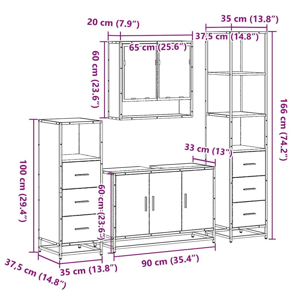 4 Piece Bathroom Furniture Set Smoked Oak Engineered Wood