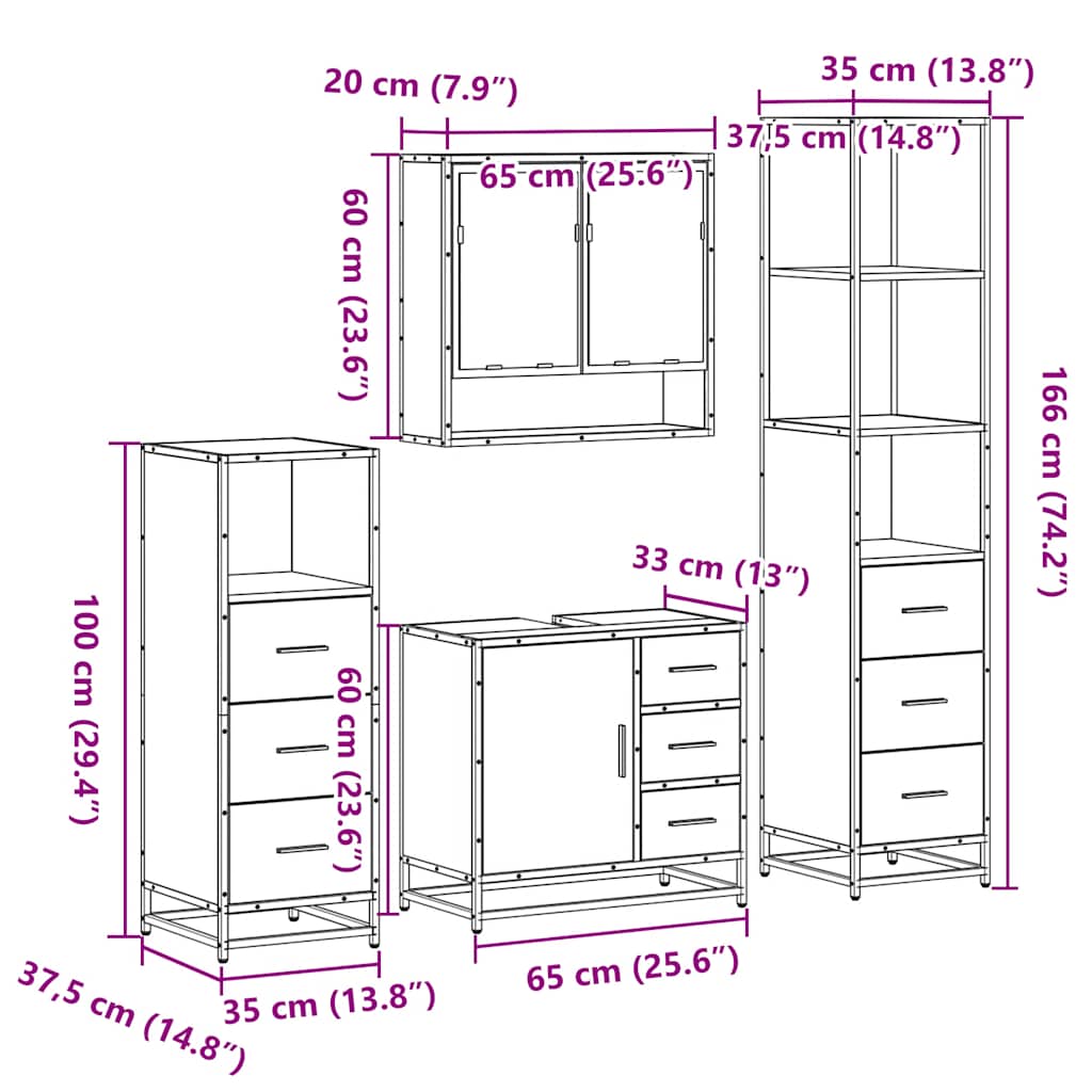 4 Piece Bathroom Furniture Set Smoked Oak Engineered Wood