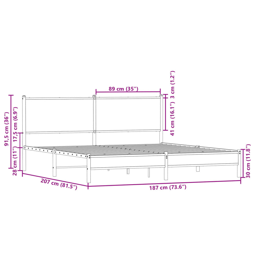 Metal Bed Frame without Mattress Brown Oak 180x200 cm Super King