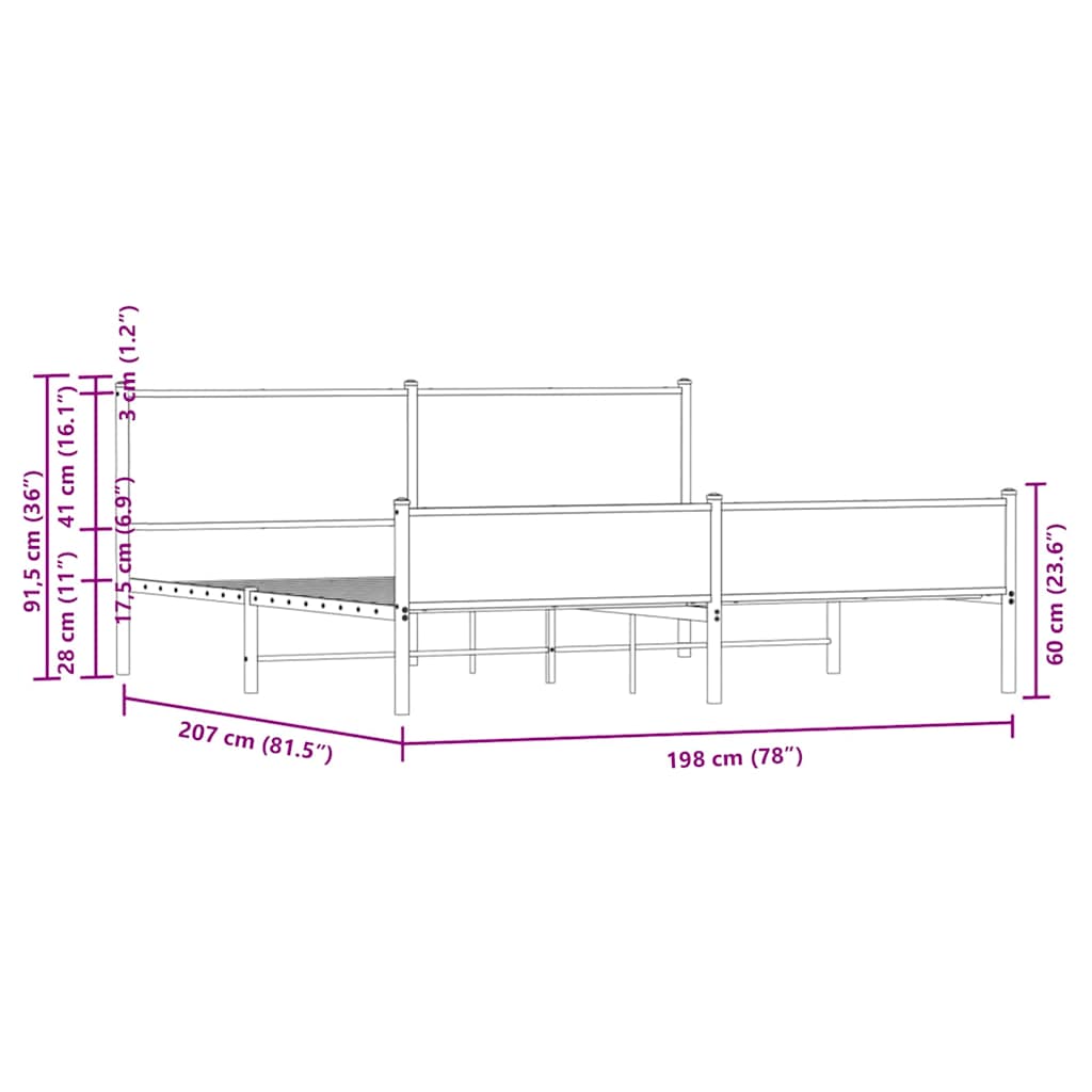 Metal Bed Frame without Mattress Brown Oak 193x203 cm