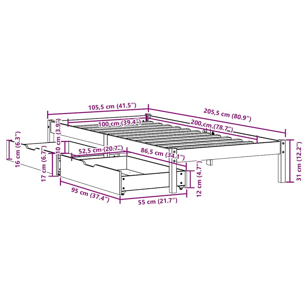 Bed Frame without Mattress White 100x200 cm Solid Wood Pine