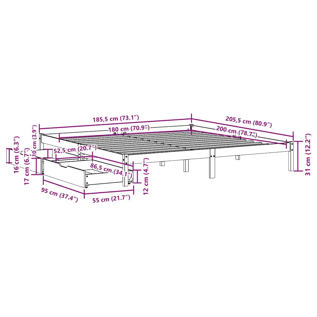 Bed Frame without Mattress White 180x200 cm Super King Solid Wood Pine